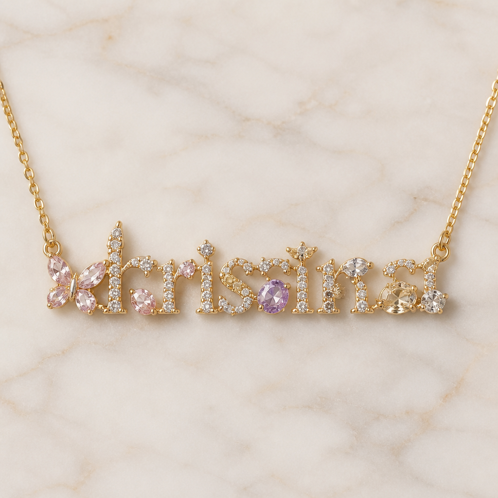 centered necklace name "kristina" with light colored gemstones and some diamonds in gold setting unique design
photorealistic jewelry design, centered necklace name "kristina" with light colored gemstones and some diamonds in gold setting unique design, just the design no text