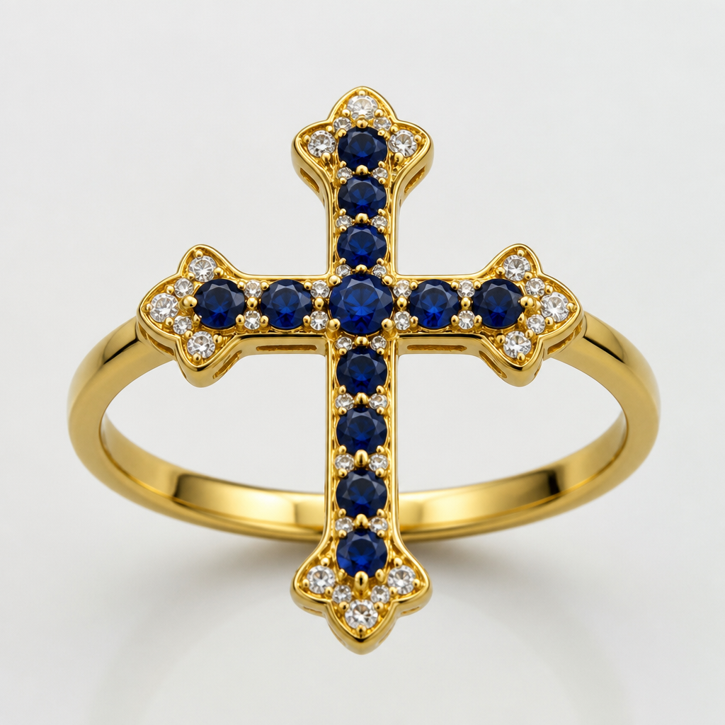 A classic women's ring made of gold with sapphire stones. catholic gold cross with gemstones
photorealistic jewelry design, A classic women's ring made of gold with sapphire stones. catholic gold cross with gemstones, classic style, just the design no text