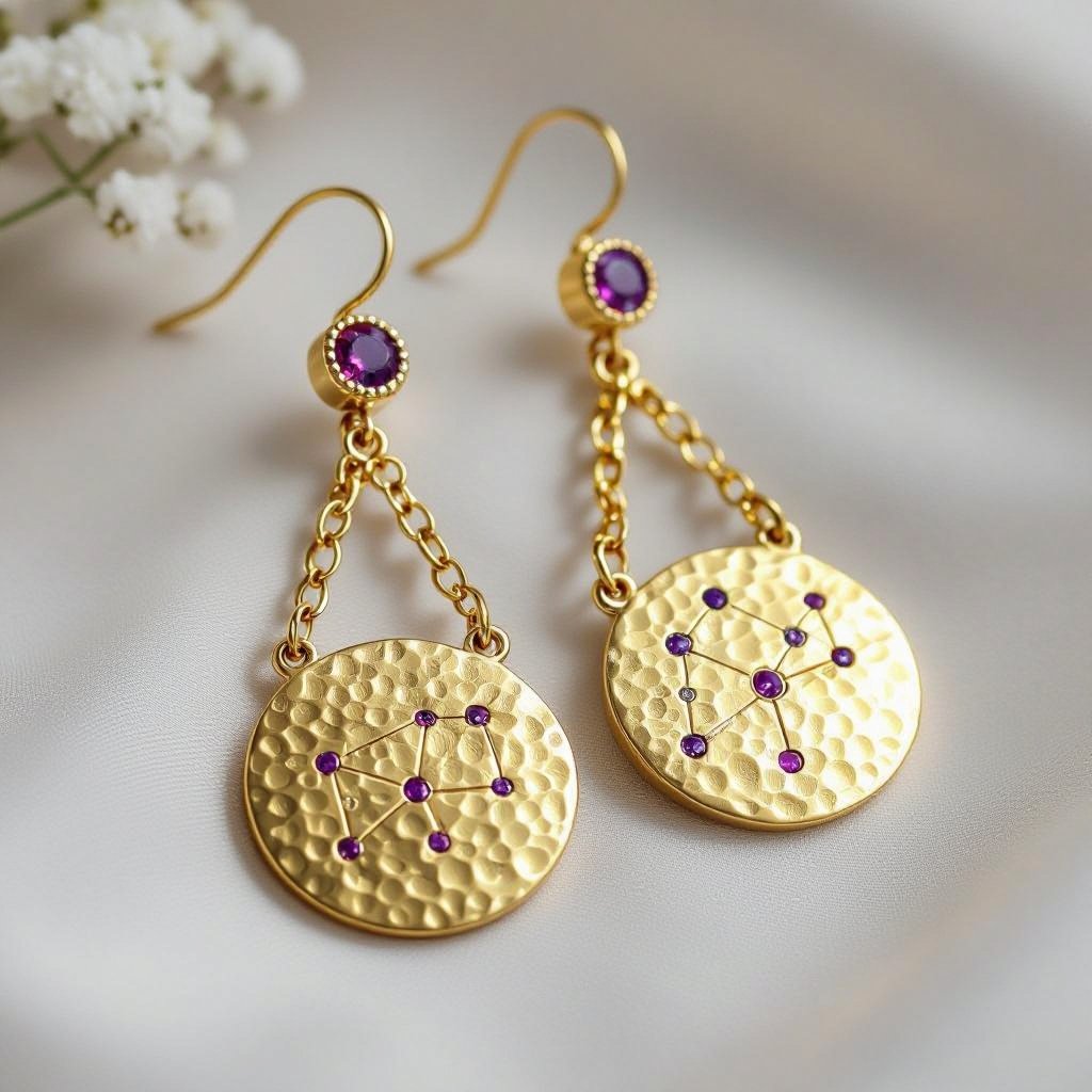 Серьги длинные на цепочках матовое золото мятое. Символ схематично созвездие. Маленькие фиолетовые камушки
