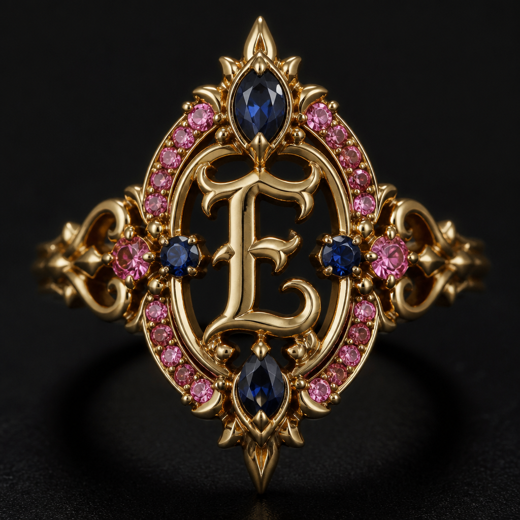 A gothic women's ring made of gold, detailed and decorative, moderately ornate. um anel de 15 anos com inicial E com pedrinhas azul e pedrinhas rosa em volta
photorealistic jewelry design, A gothic women's ring made of gold, detailed and decorative, moderately ornate. um anel de 15 anos com inicial E com pedrinhas azul e pedrinhas rosa em volta, gothic style, just the design no text
