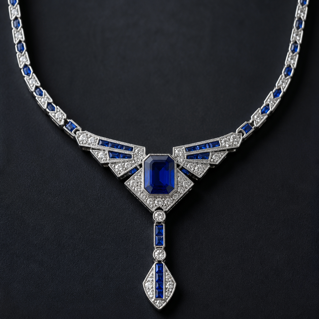 A art deco women's necklace made of white gold with sapphire stones suitable for engagement
photorealistic jewelry design, A art deco women's necklace made of white gold with sapphire stones suitable for engagement, art_deco style, just the design no text
