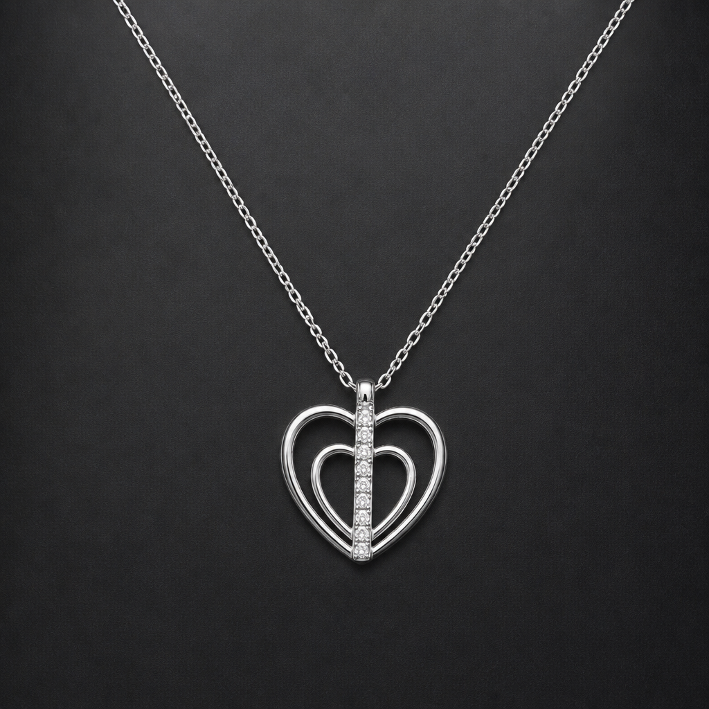A women's necklace made of silver with diamond stones. metal fin et ligne droit de diamand au milieu du coeur, qui est dans le coeur
photorealistic jewelry design, A women's necklace made of silver with diamond stones. metal fin et ligne droit de diamand au milieu du coeur, qui est dans le coeur, modern style, just the design no text