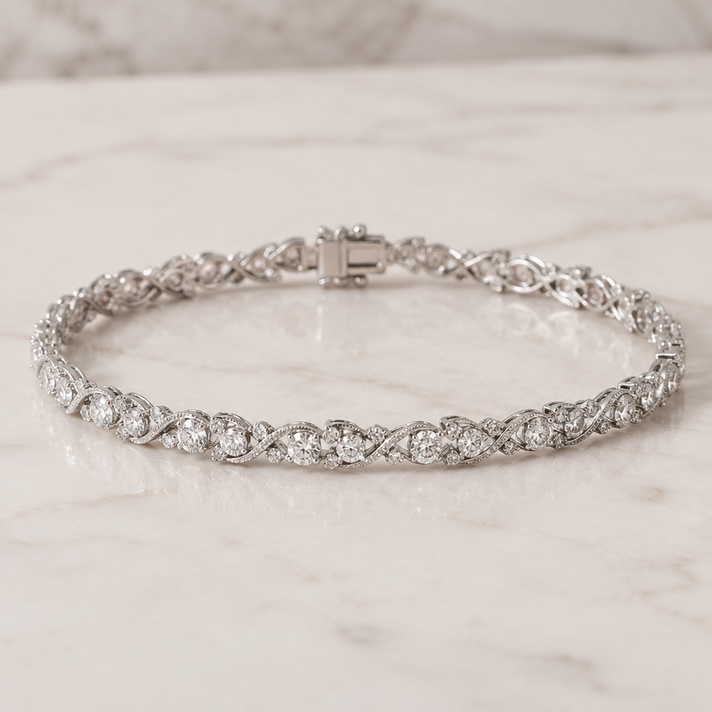 A minimalist women's bracelet made of white gold with diamond stones suitable for daily wear, highly ornate, intricate and elaborate, richly detailed. diamond line
photorealistic jewelry design, A minimalist women's bracelet made of white gold with diamond stones suitable for daily wear, highly ornate, intricate and elaborate, richly detailed. diamond line, minimalist style, just the design no text