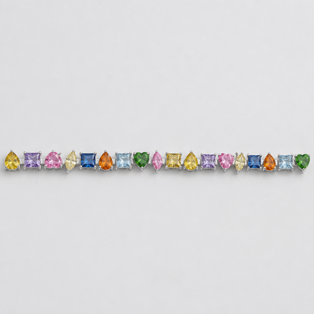 ''in this order - pear, square, heart, marquis, square, pear, square, heart, marquis, square, pear, square, heart, marquis, square, pear, square, heart in different colored precious gemstones and yellow colored diamond in silver setting - total of 18 stones
photorealistic jewelry design, ''in this order - pear, square, heart, marquis, square, pear, square, heart, marquis, square, pear, square, heart, marquis, square, pear, square, heart in different colored precious gemstones and yellow colored diamond in silver setting - total of 18 stones, just the design no text
