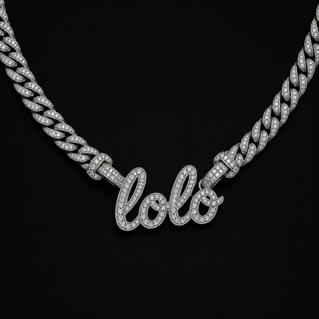 A luxury women's necklace made of platinum with diamond stones suitable for daily wear. una cubana que diga lolo
photorealistic jewelry design, A luxury women's necklace made of platinum with diamond stones suitable for daily wear. una cubana que diga lolo, luxury style, just the design no text