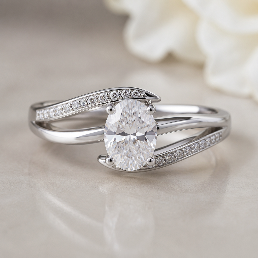 A modern women's ring with diamond stones suitable for wedding. The design is created using an oval diamond of 0.70 ct as the center stone.
photorealistic jewelry design, A modern women's ring with diamond stones suitable for wedding. The design is created using an oval diamond of 0.70 ct as the center stone., modern style, just the design no text