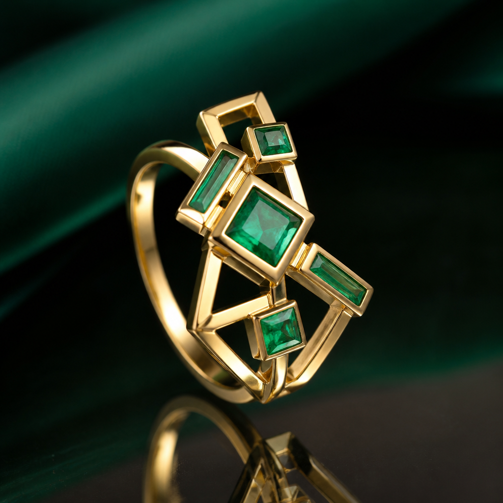 A geometric women's ring made of gold with emerald stones suitable for party
photorealistic jewelry design, A geometric women's ring made of gold with emerald stones suitable for party, geometric style, just the design no text