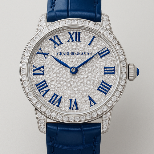 Design a 38 mm watch  full of white  diamonds and blue hands and put the brand name Charles graham in the top middle under the 12 clock with blue strap and Roman numbers and put a blue stone in the crown of it