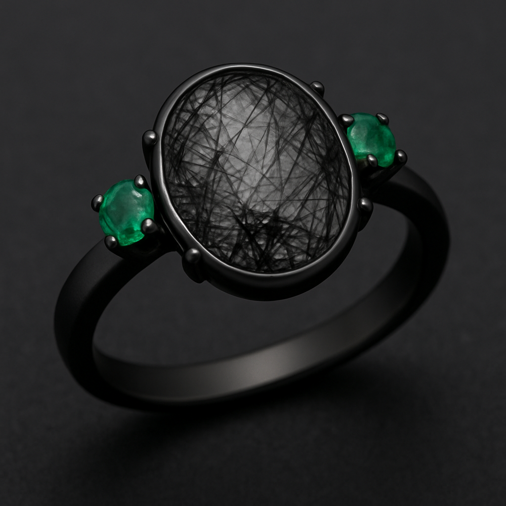 Black rutilated quartz with emerald accent stones on a black band