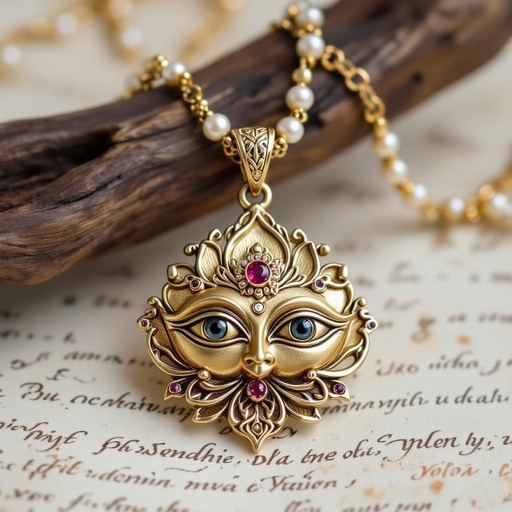 Кулон на длинной цепочке. Матовое светлое золото. В цепочке небольшие золотые шарики и жемчуг. Кулон в виде двух глаз над ними лотос с маленьким красным камнем внутри узоры завитушки 