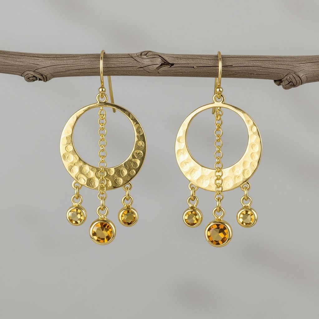 Золотые серьги полумесяц вертикальный 2 см, сверху крепится к швензе. От полумесяца идет три цепочки золотого цвета, у каждой на конце камушек цитрит