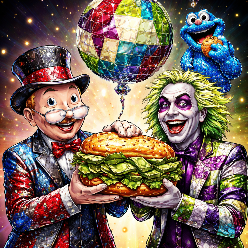 Monopoly man with beetle juice holding a pork chop sandwich that has green money as lettuce over flowing and they are each dress in mix color diamonds but differently colored with the Cookie Monster hanging from a globe that’s sapphire lime cream and burgundy
