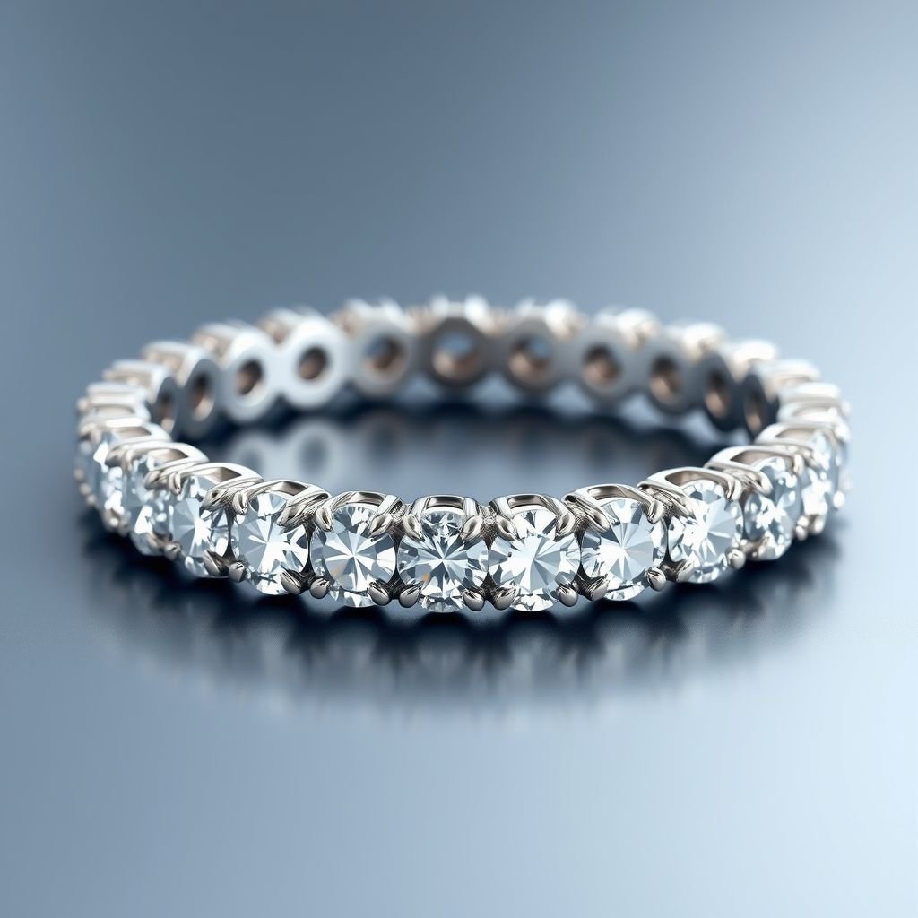Eternity band with diamonds
Design an exquisite eternity band featuring seamlessly set brilliant diamonds, each representing an unbreakable bond of love. The band should have a unique twist, incorporating a delicate filigree pattern that weaves through the diamonds, symbolizing the eternal journey of life and connection. Emphasize elegance, timelessness, and luxury in the design.