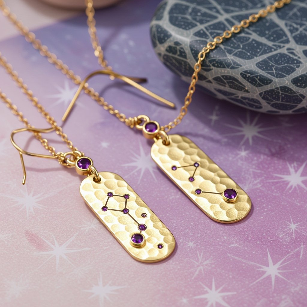 Серьги длинные на цепочках матовое золото мятое. Символ схематично созвездие. Маленькие фиолетовые камушки
