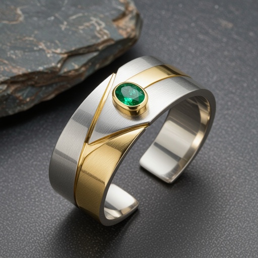 A set of Modern Design a sleek, modern cuff bracelet featuring asymmetrical angles and a polished finish. Use a combination of brushed matte silver and high-shine gold accents for contrast. Incorporate a single, oval-cut gemstone-perhaps a striking emerald-set at an unconventional angle, creating a bold focal point that exudes contemporary elegance and sophistication.