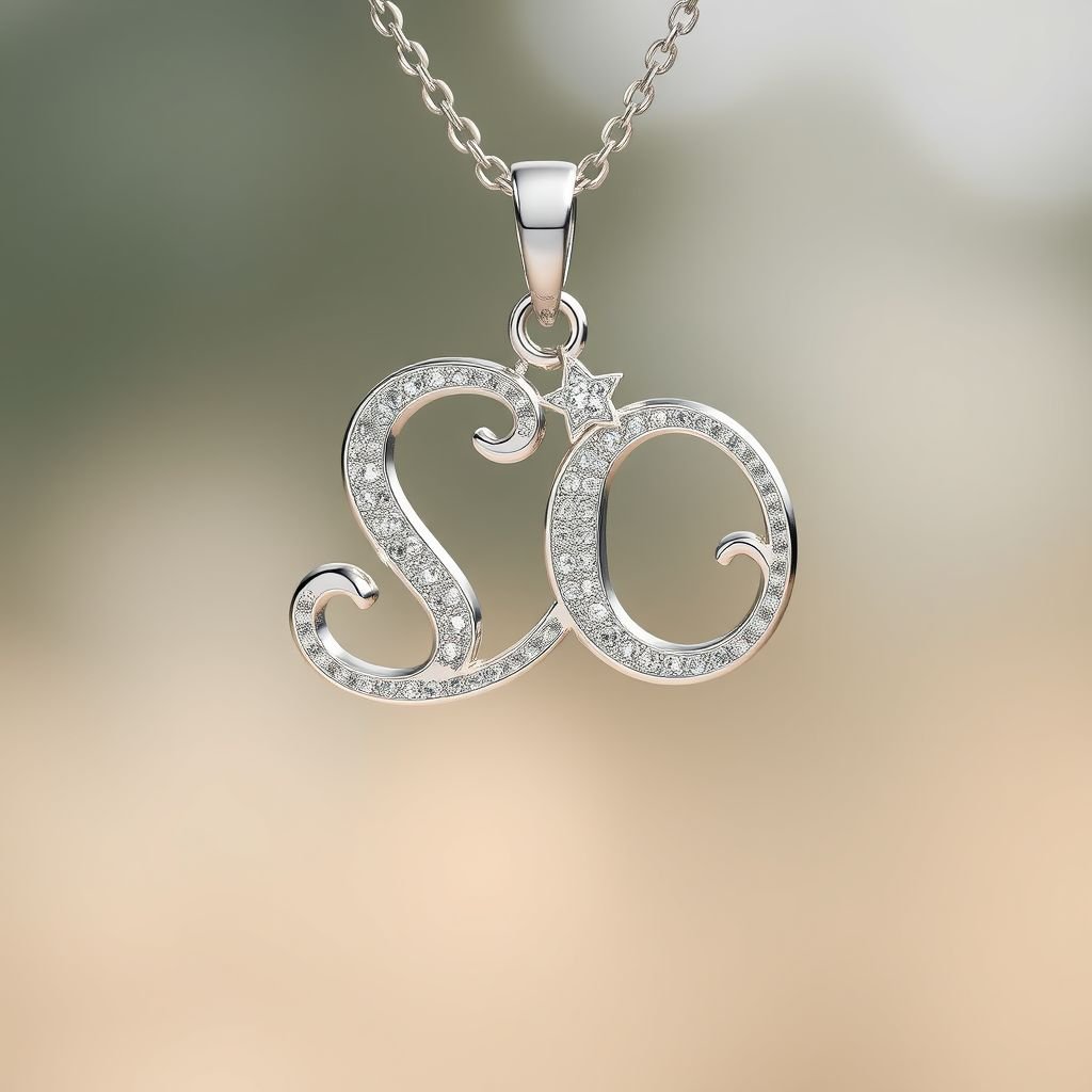 silver necklace with the pendant in letter SQ in a unique way with white  stones. Make it cute