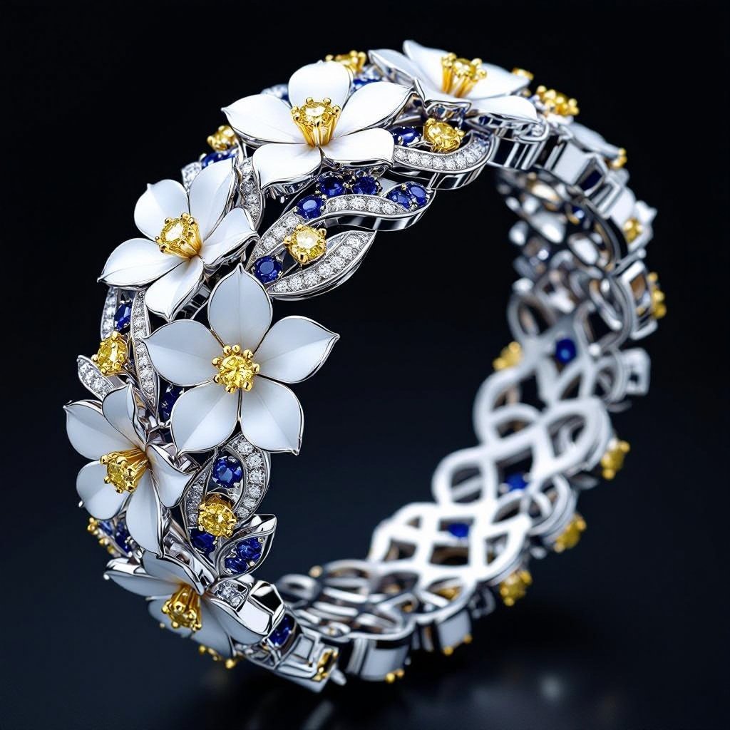 Make a high jewellery bracelet inspired from jasmine flowers studded with diamonds and blue sapphires and yellow diamonds