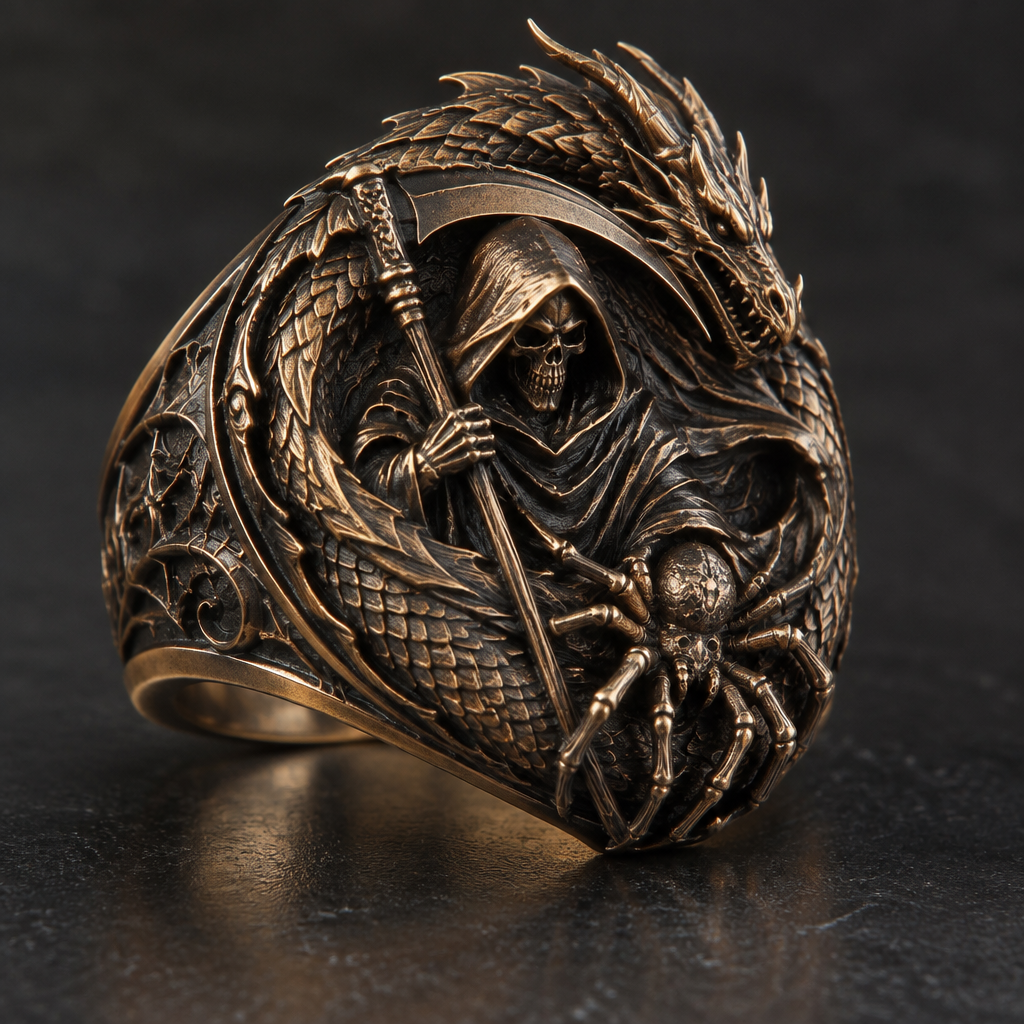 A luxury men's ring made of copper suitable for daily wear. a reaper with a dragon coat and a spider
photorealistic jewelry design, A luxury men's ring made of copper suitable for daily wear. a reaper with a dragon coat and a spider, luxury style, just the design no text