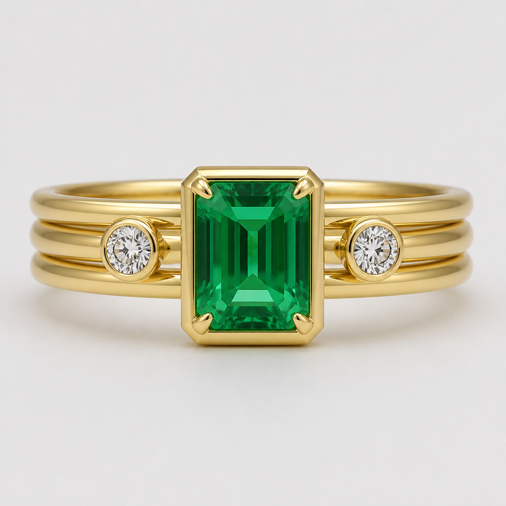 Make me a yellow gold three row ring with a 2ct emerald cut emerald in a bezel style setting with prongs on each corner. Place two 0.25ct bezel set round diamonds on the sides space slightly away from the emerald
photorealistic jewelry design, Make me a yellow gold three row ring with a 2ct emerald cut emerald in a bezel style setting with prongs on each corner. Place two 0.25ct bezel set round diamonds on the sides space slightly away from the emerald
, just the design no text