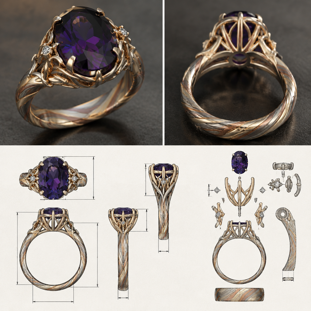 A contemporary women's ring made of silver, highly ornate, intricate and elaborate, richly detailed. i would like a ring with a deep dark purple/mauve almost not see thru with blueish reflection oval spinel mounted something feminin and also a tiny bit rustic simplistic and durable also elegant and stylish the shank would be 3 colors silver gold and rose gold in a mokume gane style twist with a bascket style mount for the gem
i would like to see a photo reealistic rendering of the piece and also a sketch with detailed measurment and assembling plan
photorealistic jewelry design, A contemporary women's ring made of silver, highly ornate, intricate and elaborate, richly detailed. i would like a ring with a deep dark purple/mauve almost not see thru with blueish reflection oval spinel mounted something feminin and also a tiny bit rustic simplistic and durable also elegant and stylish the shank would be 3 colors silver gold and rose gold in a mokume gane style twist with a bascket style mount for the gem
i would like to see a photo reealistic rendering of the piece and also a sketch with detailed measurment and assembling plan, contemporary style, just the design no text