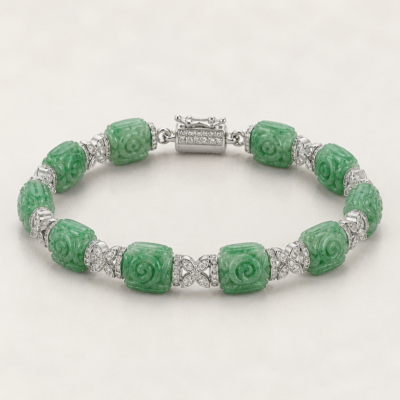 A diamond women's bracelet with diamond stones suitable for anniversary. Create a 6-inch bracelet using the 12 beads shown in the attached picture. Each bead is 9.7 millimeters long.
using the attached image as a visual reference, create A diamond women's bracelet with diamond stones suitable for anniversary. Create a 6-inch bracelet using the 12 beads shown in the attached picture. Each bead is 9.7 millimeters long.. photorealistic, just the design no text