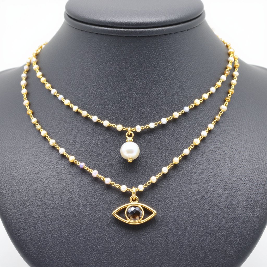 Тонкая цепочка с золотыми шариками и мелкими жемчужными камушками на цепочке есть кулон в форме глаза, зрачок глаза из раухтопаза от глаза идет маленькая подвеска с маленьким камушком 