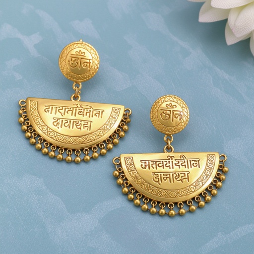 Серьги золотые в форме полукруга, полукруг как продолжение застежки, на полукруге надписи мантрами на санскрите