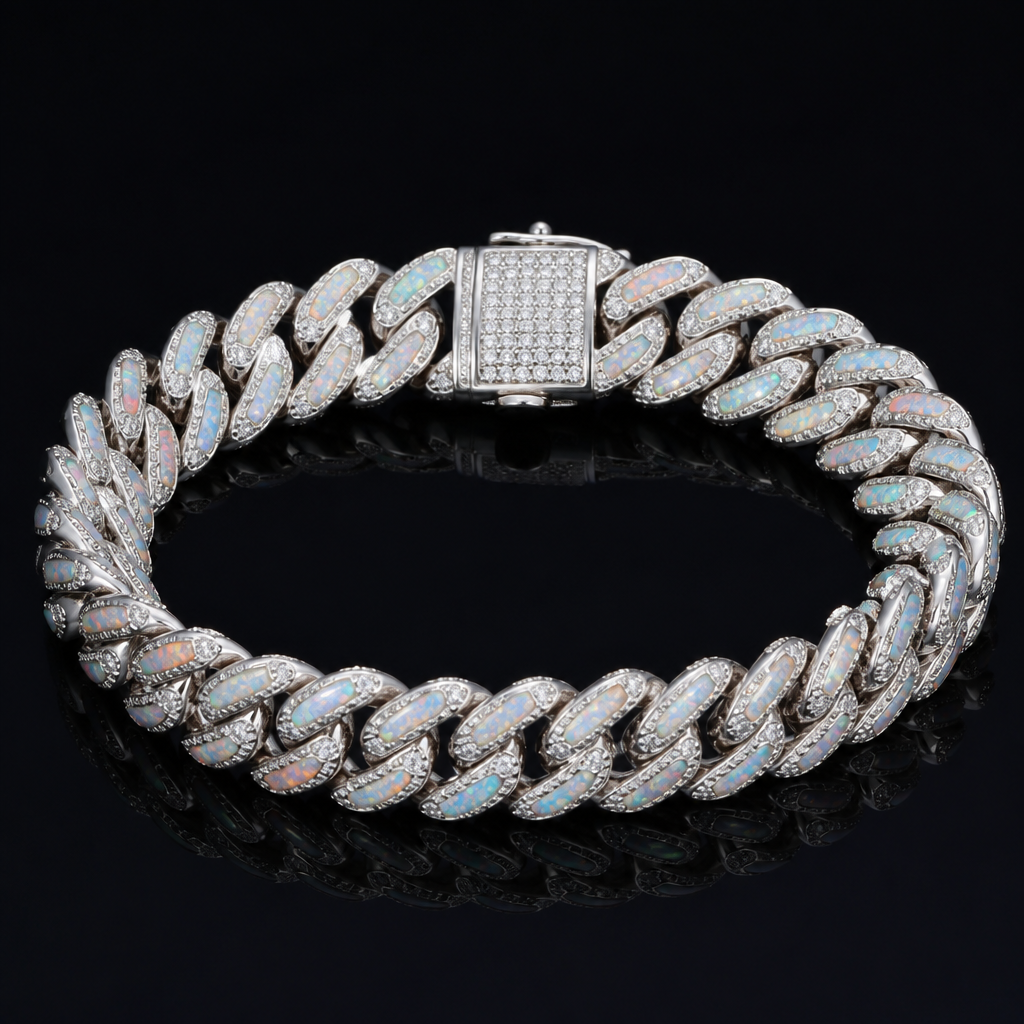 Opal and Diamond Cuban Link Bracelet
photorealistic jewelry design, Opal and Diamond Cuban Link Bracelet, just the design no text