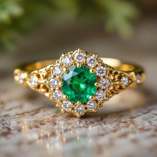 Anillo con Central de esmeralda redonda con 6 diamantes al rededor en oro amarillo 