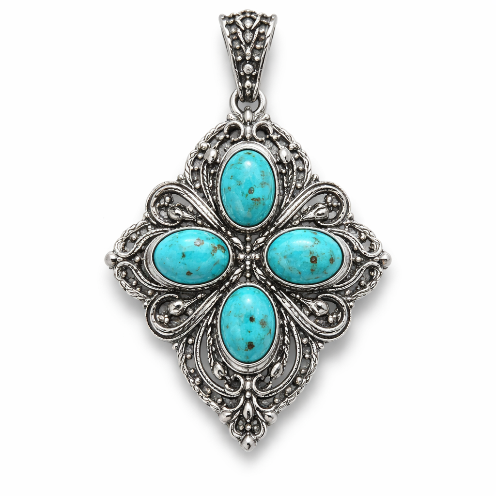 Four 6x4 calibrated oval turquoise cabochons set in silver pendant