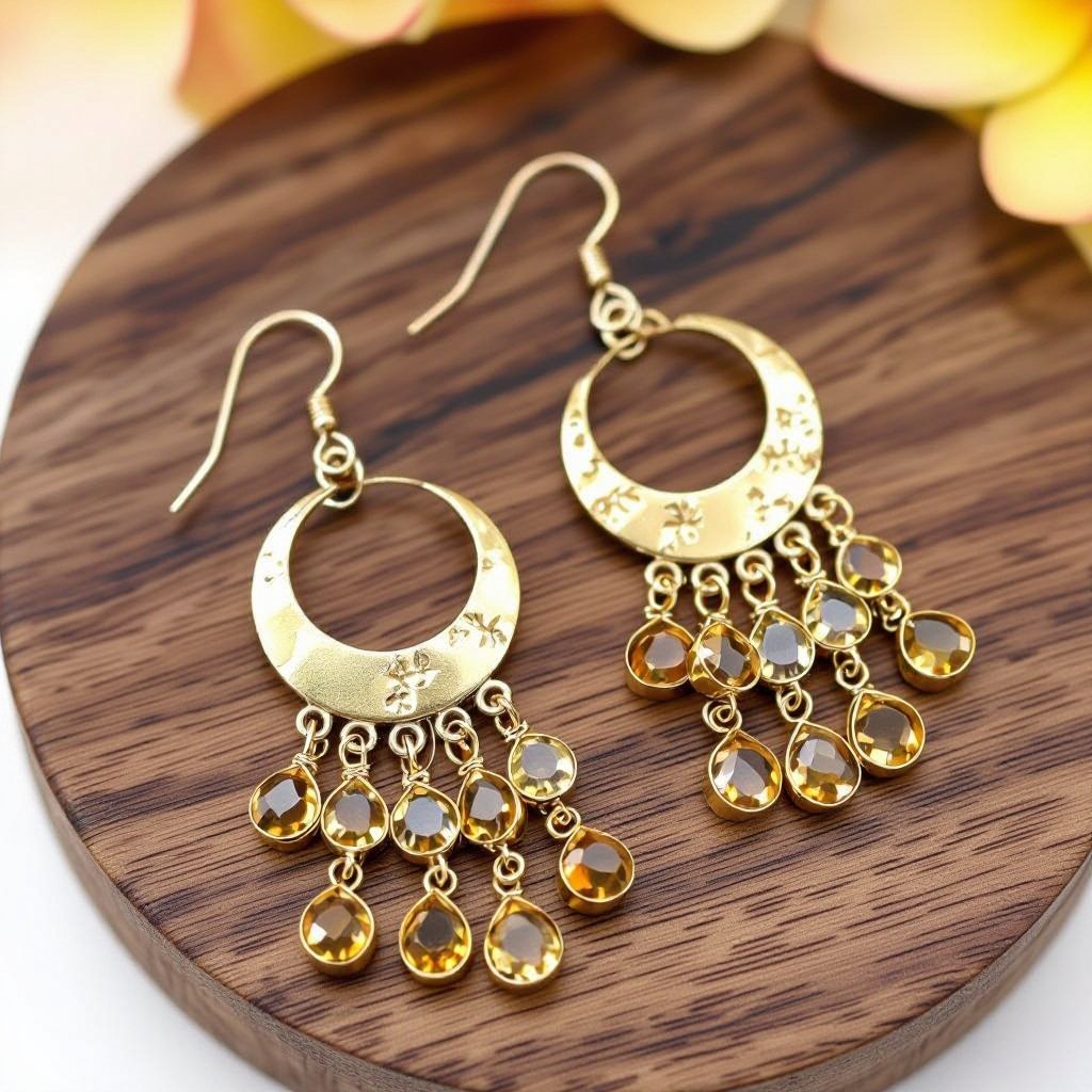 Золотые серьги словно мятое золото в форме узкого изящного полумесяца. Верхушка полумесяца крепится к застежке серьги.  От полумесяца идет три цепочки, у каждой на конце мелкий камушек цитрин