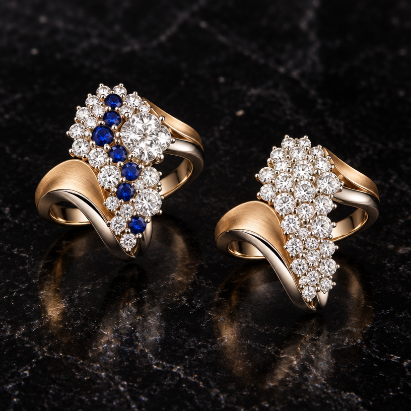 A contemporary women's ring made of mixed metal with diamond and sapphire stones. design 2 rings using the photo for gem size reference. the first ring should contain 33 of the smaller diamonds, 7 of the sapphires, and the one larger diamond. the 2nd ring should contain 34 of the smaller diamonds.
using the attached image as a visual reference, create A contemporary women's ring made of mixed metal with diamond and sapphire stones. design 2 rings using the photo for gem size reference. the first ring should contain 33 of the smaller diamonds, 7 of the sapphires, and the one larger diamond. the 2nd ring should contain 34 of the smaller diamonds.. photorealistic, just the design no text