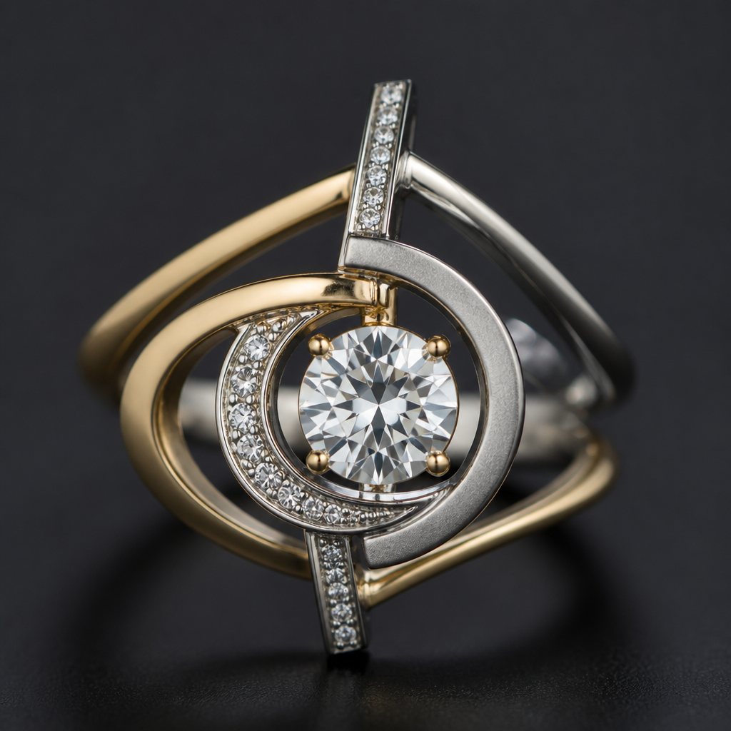 A avant-garde women's ring made of mixed metal with diamond stones suitable for festival. An extraordinary excellent beautiful delicate and elegant solitaire women ring. Face of the ring.
photorealistic jewelry design, A avant-garde women's ring made of mixed metal with diamond stones suitable for festival. An extraordinary excellent beautiful delicate and elegant solitaire women ring. Face of the ring., avant_garde style, just the design no text