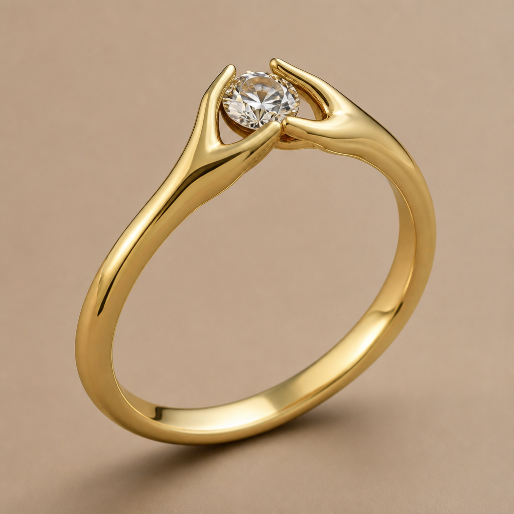 A minimalist women's ring made of gold with diamond stones suitable for gift. A ring shaped like two arms gently embracing the finger, with hands at the top holding a diamond.
photorealistic jewelry design, A minimalist women's ring made of gold with diamond stones suitable for gift. A ring shaped like two arms gently embracing the finger, with hands at the top holding a diamond., minimalist style, just the design no text