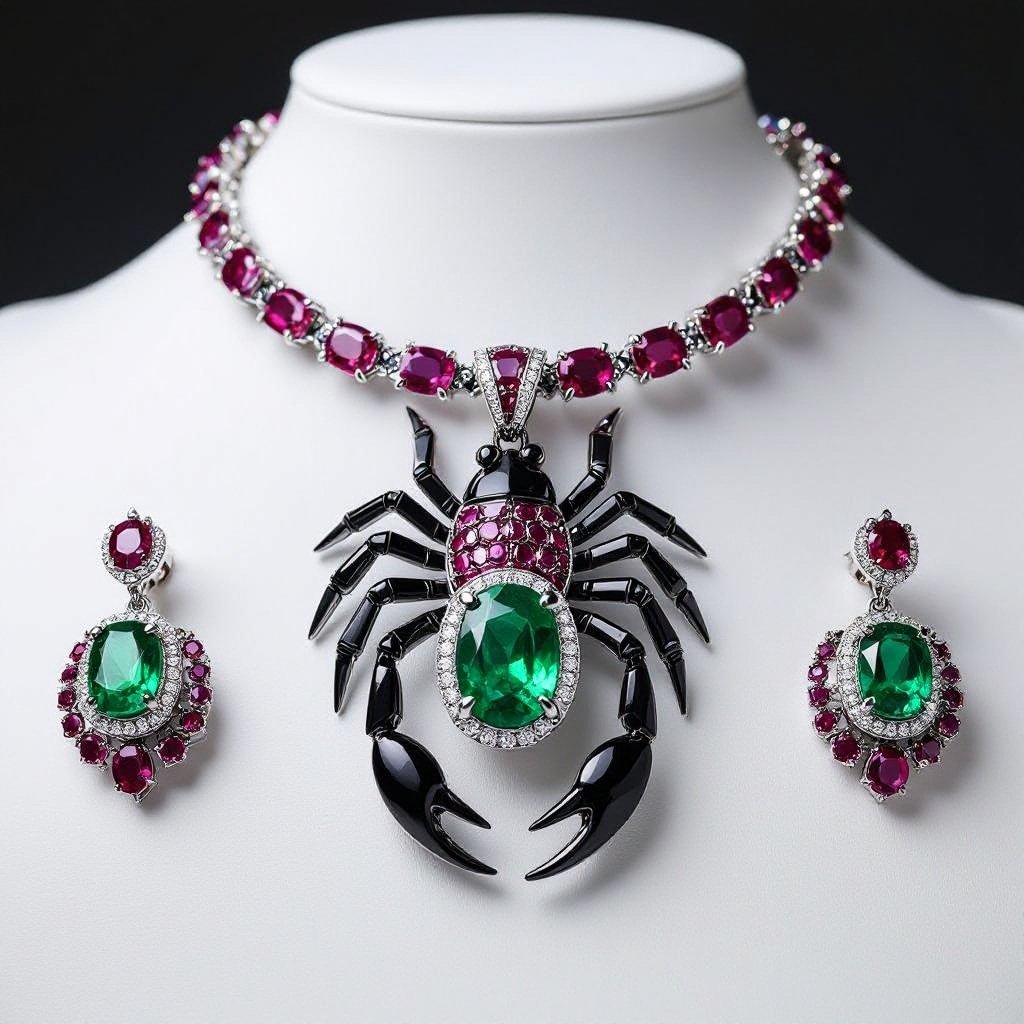 Creating completed set of Geomatric scorpion pendant of white and bkack and rubies diamonds gold accents for contrast. Incorporate a single, oval-cut gemstone-perhaps a striking emerald-set at an unconventional angle, creating a bold focal point that exudes contemporary elegance and sophistication. Envision a striking geometric scorpion pendant, intricately crafted with sharp angles in a combination of matte black and lustrous white metals. Accentuated with glittering ruby diamonds, the design features a single oval-cut emerald, expertly set at a daring tilt. This captivating piece marries edgy modernity with timeless elegance, perfect for bold fashion statements.The diamond is elegantly set in a sleek, minimalist rose gold frame that accentuates its brilliance. The modern aesthetic is enhanced with clean lines and asymmetry, making it a striking statement piece for the avant-garde wearer.