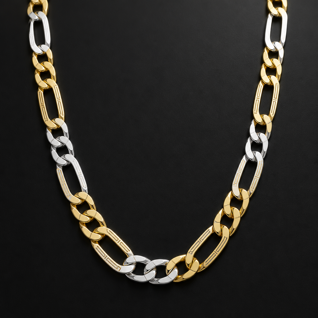 Create a 10mm Figaro Chain where the long links are white gold and the short links are yellow gold. 24 inches long. Also add in a unique custom design to the links that makes them stand out from other figaro chains
Modern jewelry: Modern 24-inch Figaro chain. 10mm links, alternating white and yellow gold. Unique custom links with a sleek, minimalist engraving.