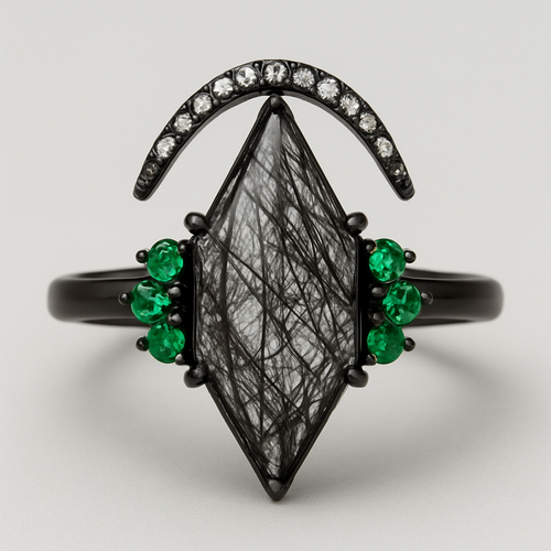 Black band, long kite cut rutilated black quartz, emerald accent stones 3 on each side in a cluster, add a wedding band that curves around the top of the main stone with black and white stones