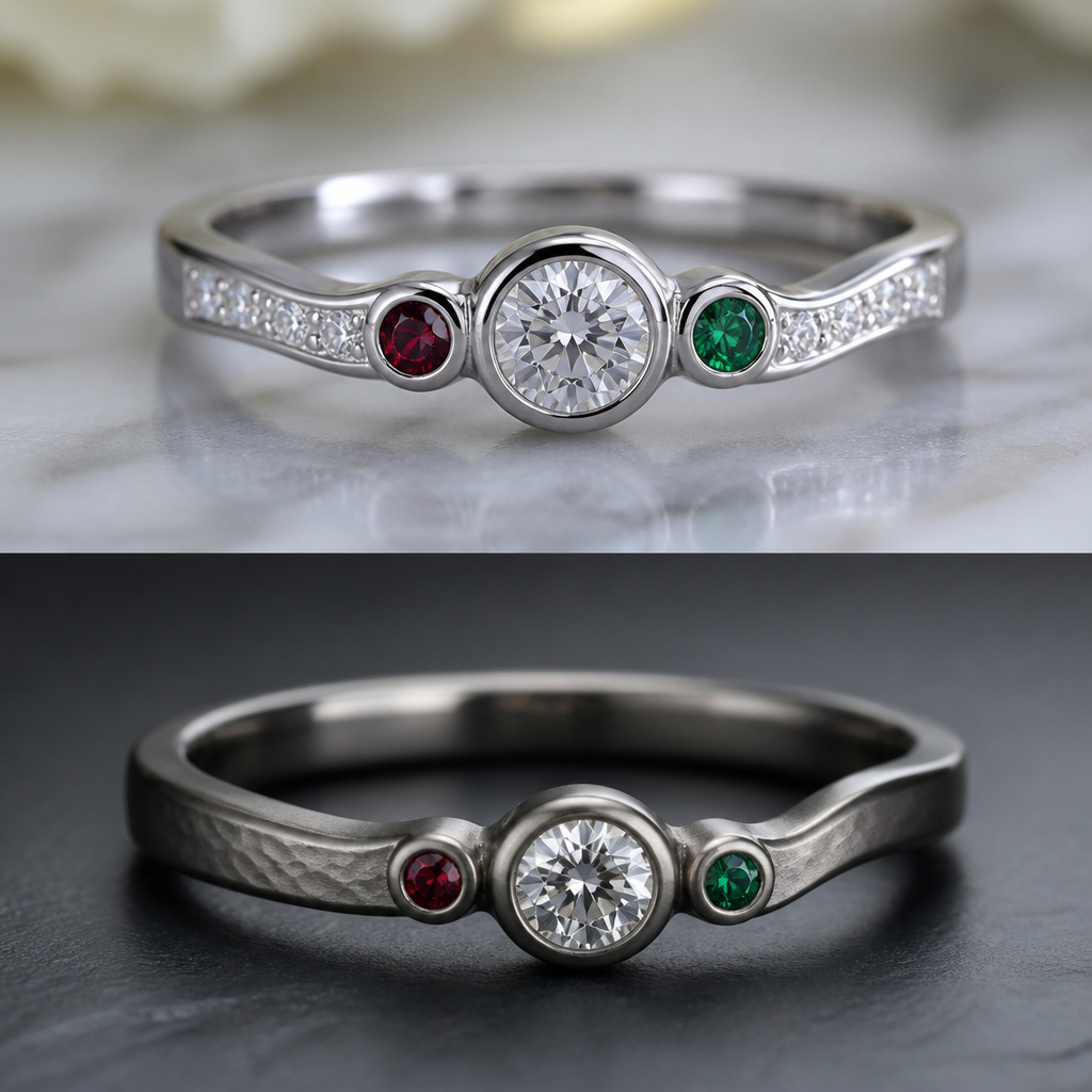 A women's ring made of platinum with diamond and ruby and emerald stones suitable for gift. a ring made from titanium which is classic in design but takes inspiration from the ring in the reference photo which has a slight wavy quality and has a subtle hammered texture to part of it. The main stone should be in the centre and diamond. There should be subtle inclusion of ruby and emerald to signify the unity of two people, and they are their birthstones. The stones should be bezel set
photorealistic jewelry design, A women's ring made of platinum with diamond and ruby and emerald stones suitable for gift. a ring made from titanium which is classic in design but takes inspiration from the ring in the reference photo which has a slight wavy quality and has a subtle hammered texture to part of it. The main stone should be in the centre and diamond. There should be subtle inclusion of ruby and emerald to signify the unity of two people, and they are their birthstones. The stones should be bezel set, modern style, just the design no text