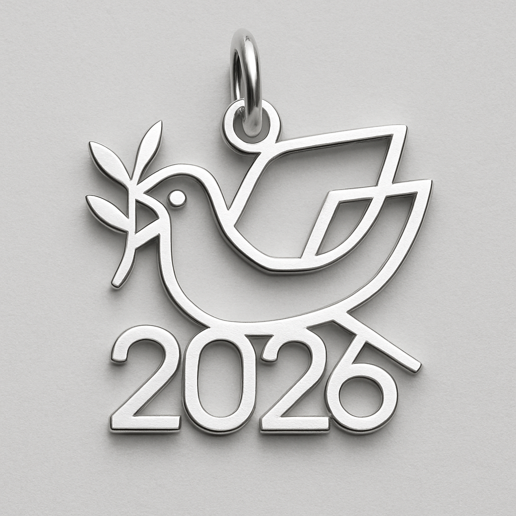 Silver minimal cut-out abstract charm blending together the pigeon of peace hold an olive branch along the year 2026