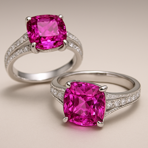 Make the rings have silver bands and pink saphire