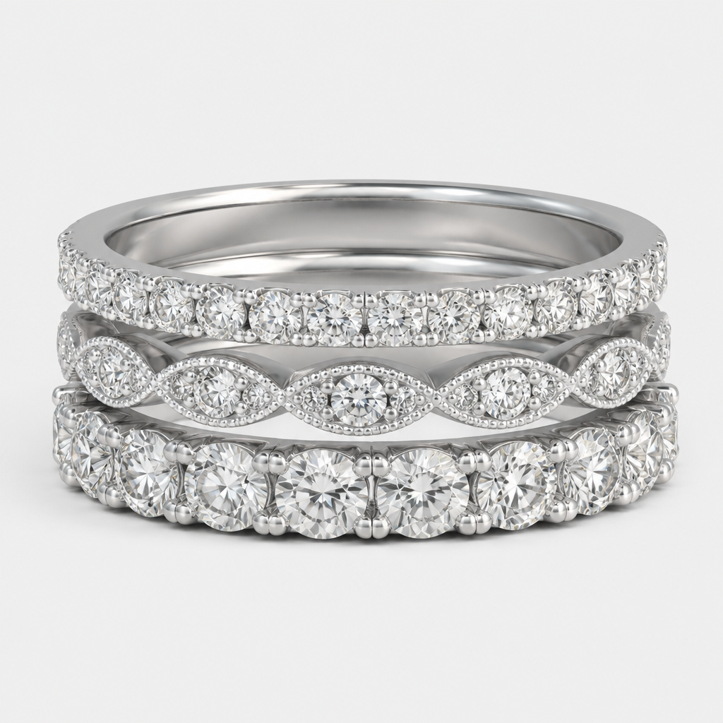 3 stack white gold diamond wedding ring
photorealistic jewelry design, 3 stack white gold diamond wedding ring, diamond style, just the design no text