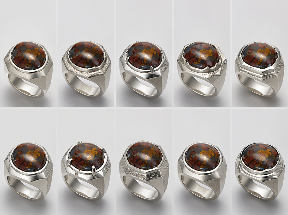 Restyled: Create a new luxury ring design based closely on the uploaded reference ring. Preserve the distinctive large oval cabochon gemstone, its natural irregular color pattern, the substantial sculptural silver-colored setting, and the bold masculine proportions. Create 10 original variations while keeping the recognizable design DNA of the reference. Explore elegant 18K white gold, platinum and polished silver versions, refined bezel and organic prong variations, subtle diamond accents, premium handcrafted details, realistic jewelry construction and proportions suitable for professional jewelry manufacturing. Photorealistic high-end jewelry render, extremely detailed metalwork, realistic gemstone reflections, luxury product photography, clean neutral background, no hand, no person, no text, no logo, no watermark.
Restyle the jewelry piece in the image: Create a new luxury ring design based closely on the uploaded reference ring. Preserve the distinctive large oval cabochon gemstone, its natural irregular color pattern, the substantial sculptural silver-colored setting, and the bold masculine proportions. Create 10 original variations while keeping the recognizable design DNA of the reference. Explore elegant 18K white gold, platinum and polished silver versions, refined bezel and organic prong variations, subtle diamond accents, premium handcrafted details, realistic jewelry construction and proportions suitable for professional jewelry manufacturing. Photorealistic high-end jewelry render, extremely detailed metalwork, realistic gemstone reflections, luxury product photography, clean neutral background, no hand, no person, no text, no logo, no watermark.. Keep the overall design and composition unless instructed otherwise. Photorealistic jewelry photograph, no text.