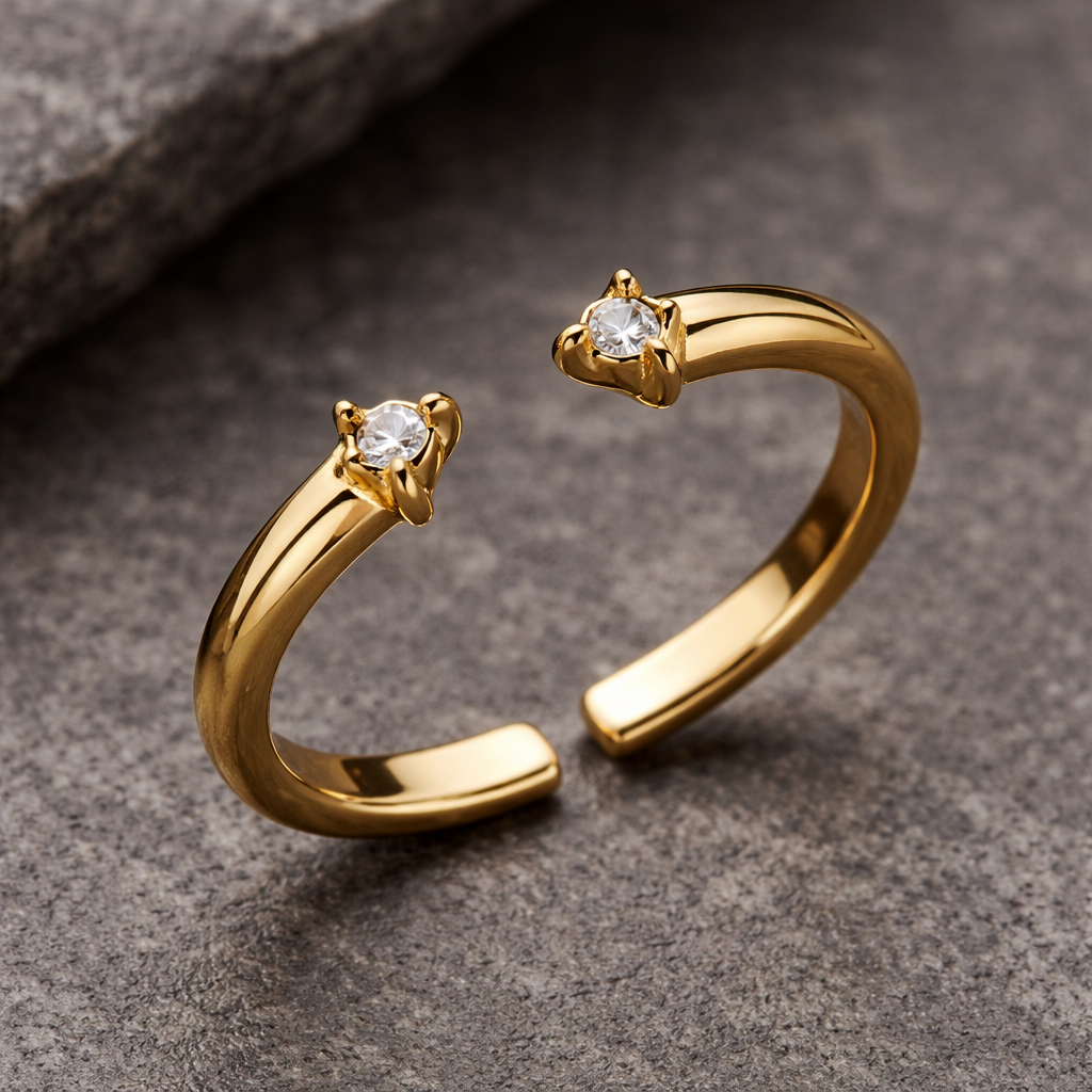 modern open gold ring made of 316L stainless steel with two small cubic zirconia stones, minimalist elegant design, adjustable style
modern open gold ring made of 316L stainless steel with two small cubic zirconia stones, minimalist elegant design, adjustable style, gothic style