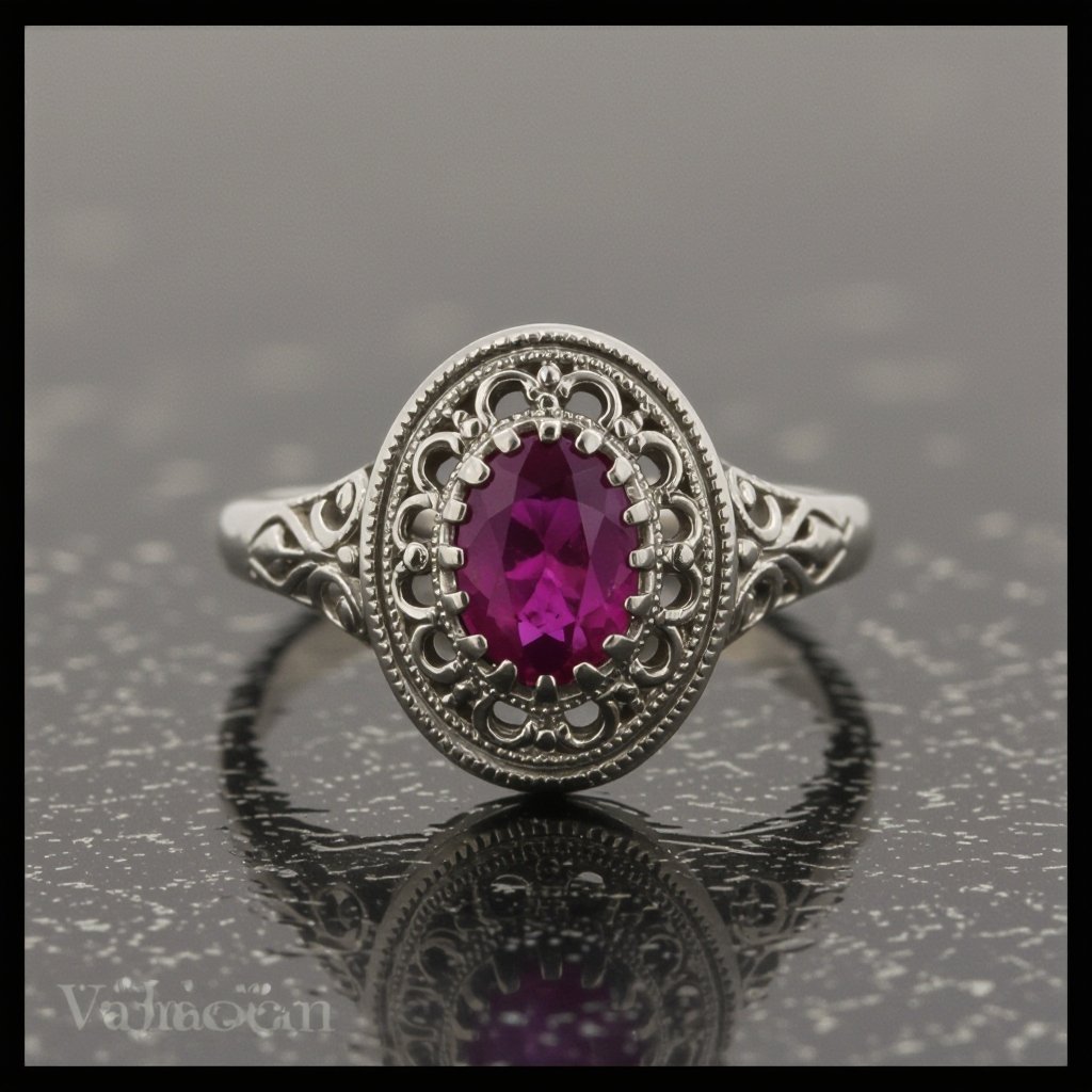 Red stone, silver, graduation ring that says Vantan for women