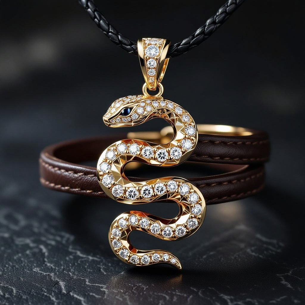 Pendant Geomatric snake leather with diamonds of architecture shapes and edges of bracelet banglea