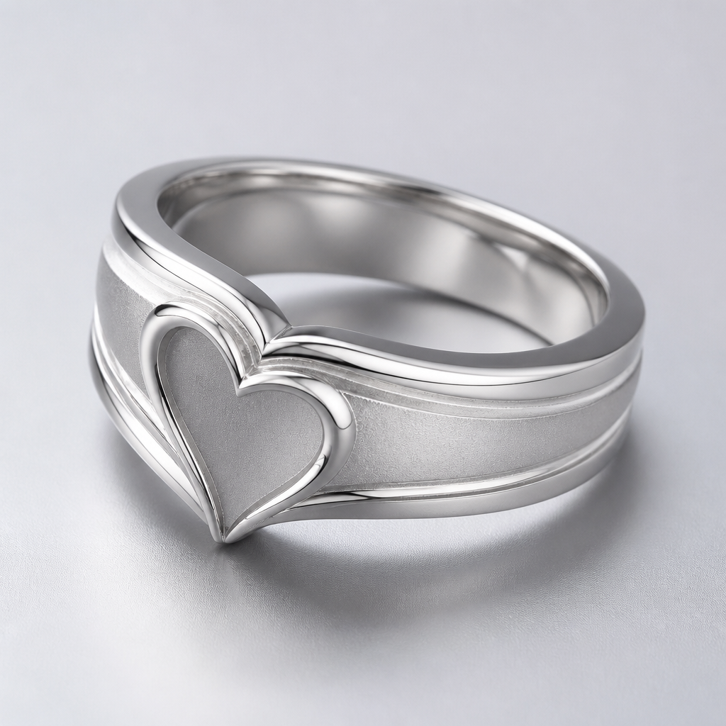 A romantic men's ring made of platinum
photorealistic jewelry design, A romantic men's ring made of platinum, romantic style, just the design no text