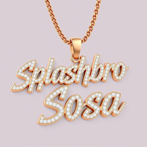 Create a big chain that say Splashbro Sosa, with rose gold vvs diamonds, double layer gold plate