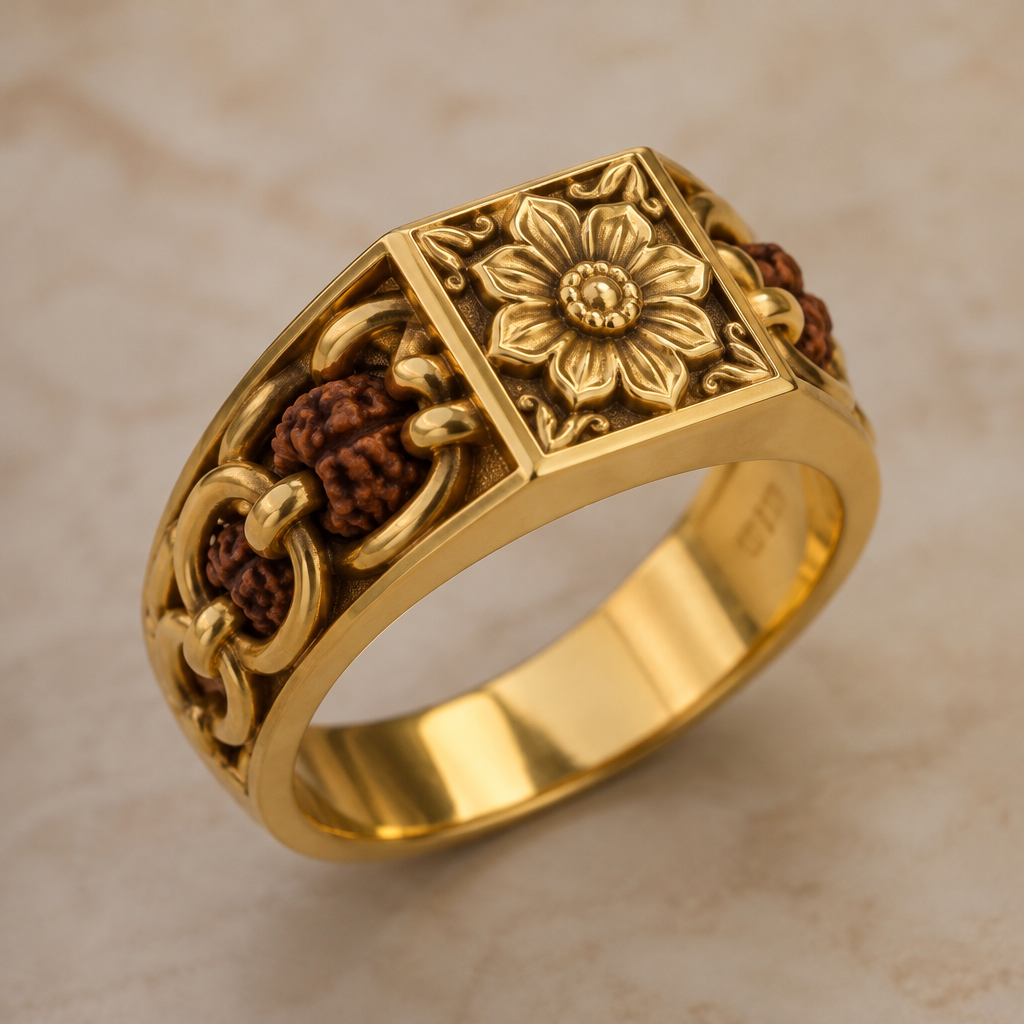 A classic men's ring. the design should be follows an Indian culture it contains a flower design on the reckless and the chain contains a rudraksha horizontal it should be placed
photorealistic jewelry design, A classic men's ring. the design should be follows an Indian culture it contains a flower design on the reckless and the chain contains a rudraksha horizontal it should be placed, classic style, just the design no text