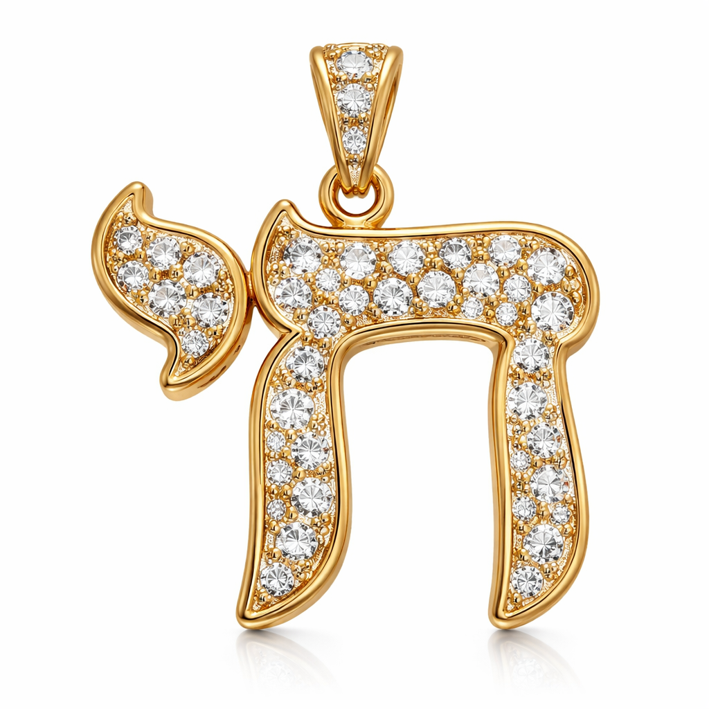 Gold Hebrew Chai pendant with pavé periods and white sapphire stones