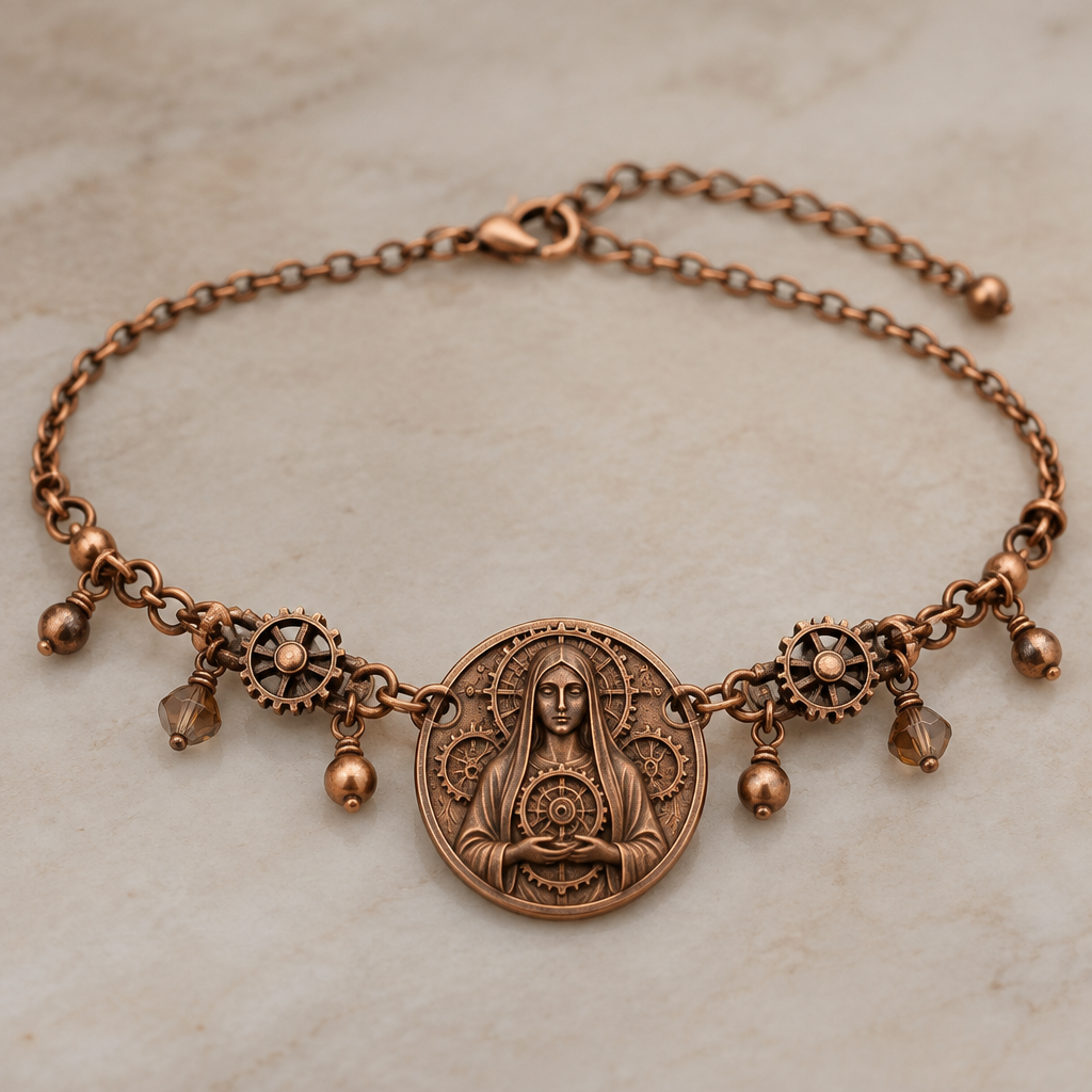 A steampunk women's anklet made of copper suitable for daily wear. a a android woman with vail facing foward holding a spiral on a coin style
photorealistic jewelry design, A steampunk women's anklet made of copper suitable for daily wear. a a android woman with vail facing foward holding a spiral on a coin style, steampunk style, just the design no text